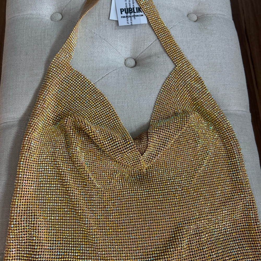Gold Halter Neck Dress metal, mesh - Picture 4 of 8
